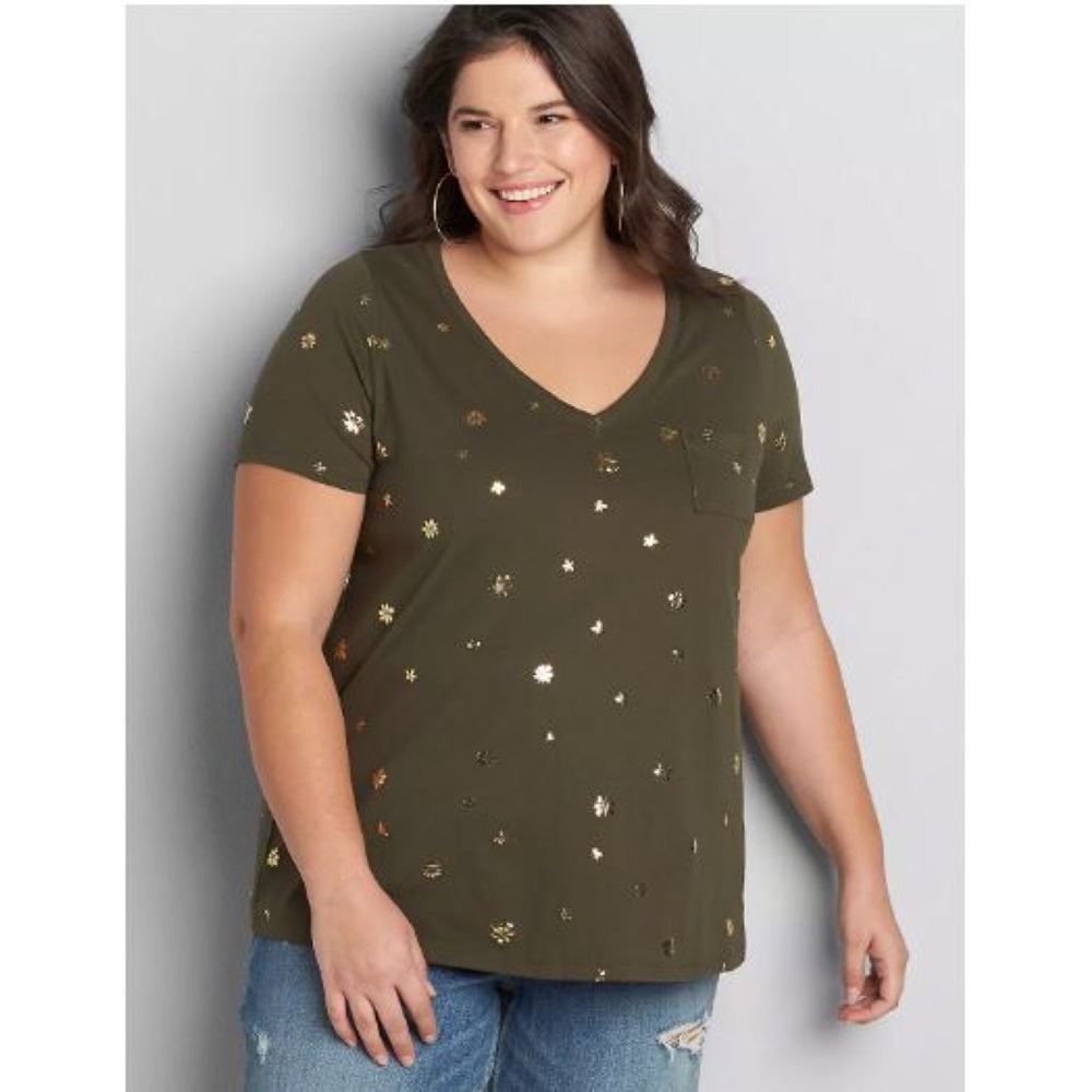 Size 34/36 🆕 Lane Bryant V-Neck Short Sleeve Pocket Tee Gold Flower Design